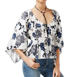 Free People Floral Blouse in Blue and White